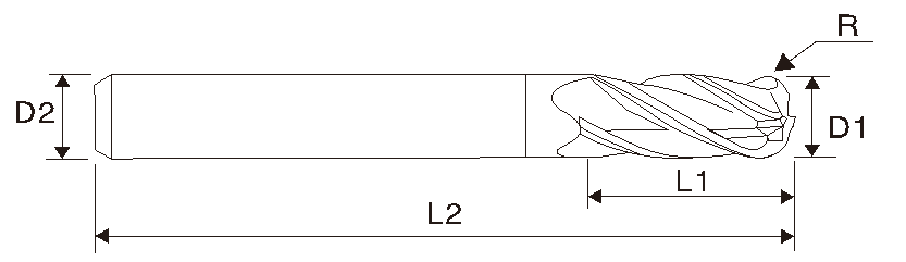 Fresa de carboneto com extremidade de raio de canto EMT08 (4 estrias), comprimento longo